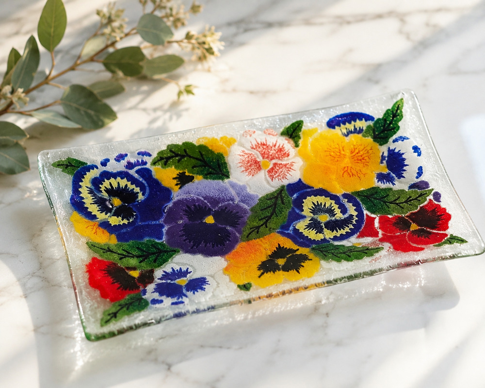 Vintage Peggy Karr Pansies Fused Art Glass Rectangular Tray | 1990s Trinket Dish